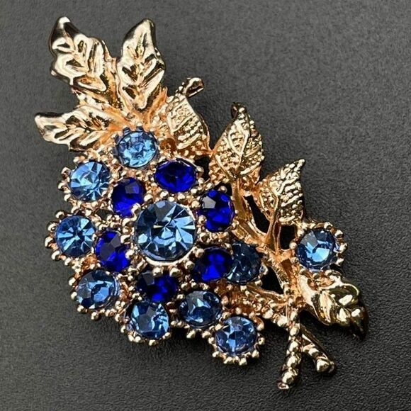 Rose Gold with Dark and Light Blue Sapphire Flower Leaf Bouquet Pin Back Brooch - Picture 1 of 8